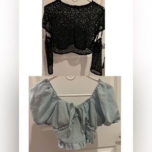Buy 1 Get 2 Women Tops, New, 1 Sexy Hollow Out Top, 1 Puff Sleeve Blue Blouse, S